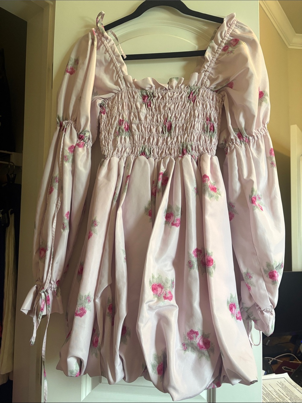 LoveShackFancy Pink Floral Puff-Sleeve Smocked Mini Dress
